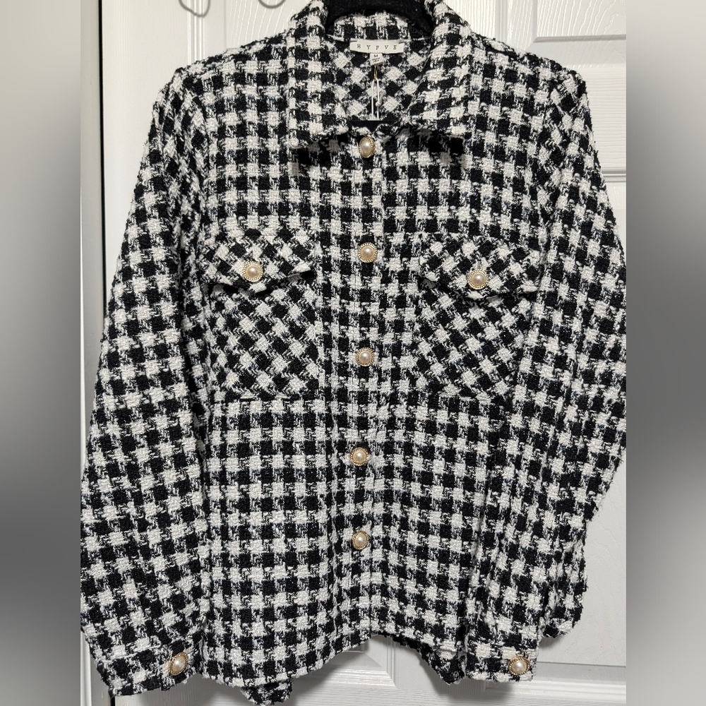 HYFVE Houndstooth Tweed Shacket Pearl Buttons Black White M NWT - Picture 11 of 12